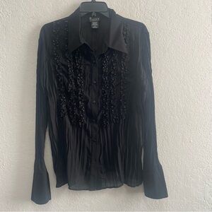 NY Collection tuxedo-style black sheer blouse pleated front ruffled accents 1X
